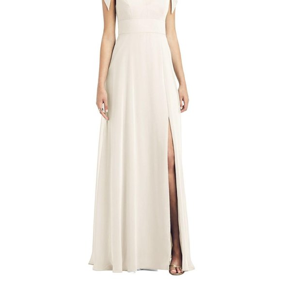 Bow-Shoulder V-Back Chiffon Gown with Front Slit...TH018...Ivory...Size 16 Long - Picture 2 of 6